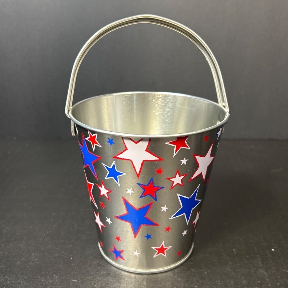 Patriotic Mini Metal Bucket Pails with Red White Blue Stars Silver - Set of 5 - Picture 2 of 4